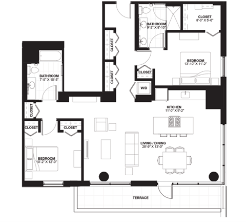 Floor plan for 2 beds, 2 baths, 1410 sqft